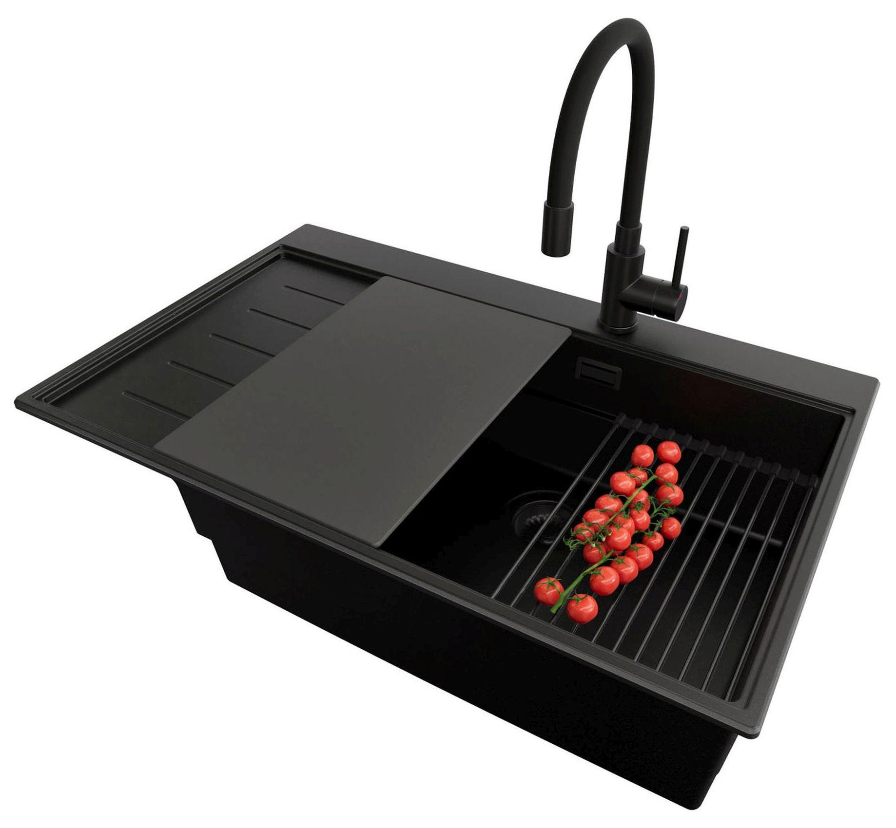 GRANITSPÜLE Sydney, 2-er set Alles Schwarz 78/50 cm 1 Becken + Küchenarmatur 40/38 cm + Ablauf-Set + Küchenzubehörset ab 60er Unterschrank - Schwarz, Kunststoff (78/20/50cm) - Primagran