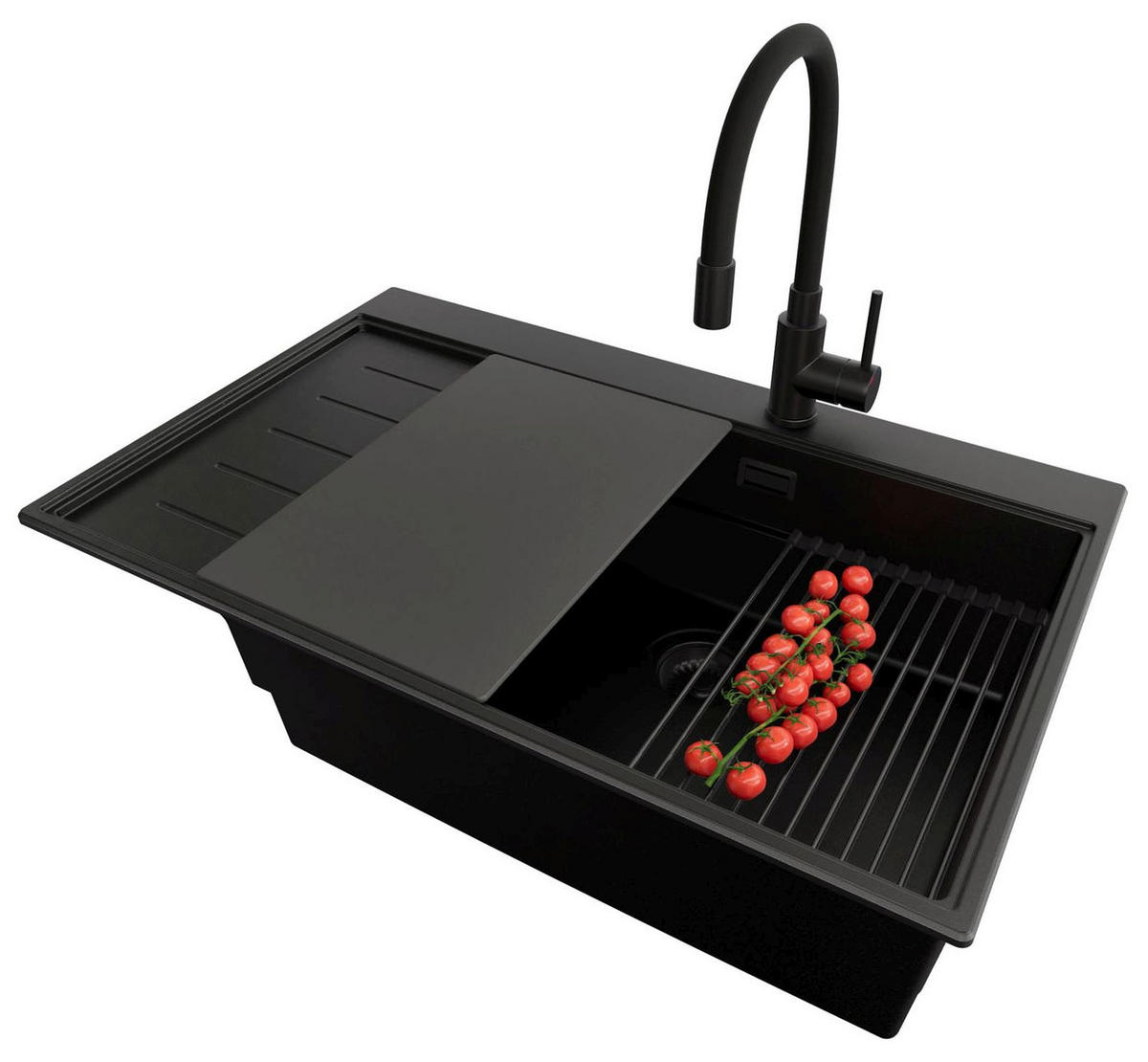 GRANITSPÜLE Sydney, 2-er set Alles Schwarz 78/50 cm 1 Becken + Küchenarmatur 40/38 cm + Ablauf-Set + Küchenzubehörset ab 60er Unterschrank - Schwarz, Kunststoff (78/20/50cm) - Primagran