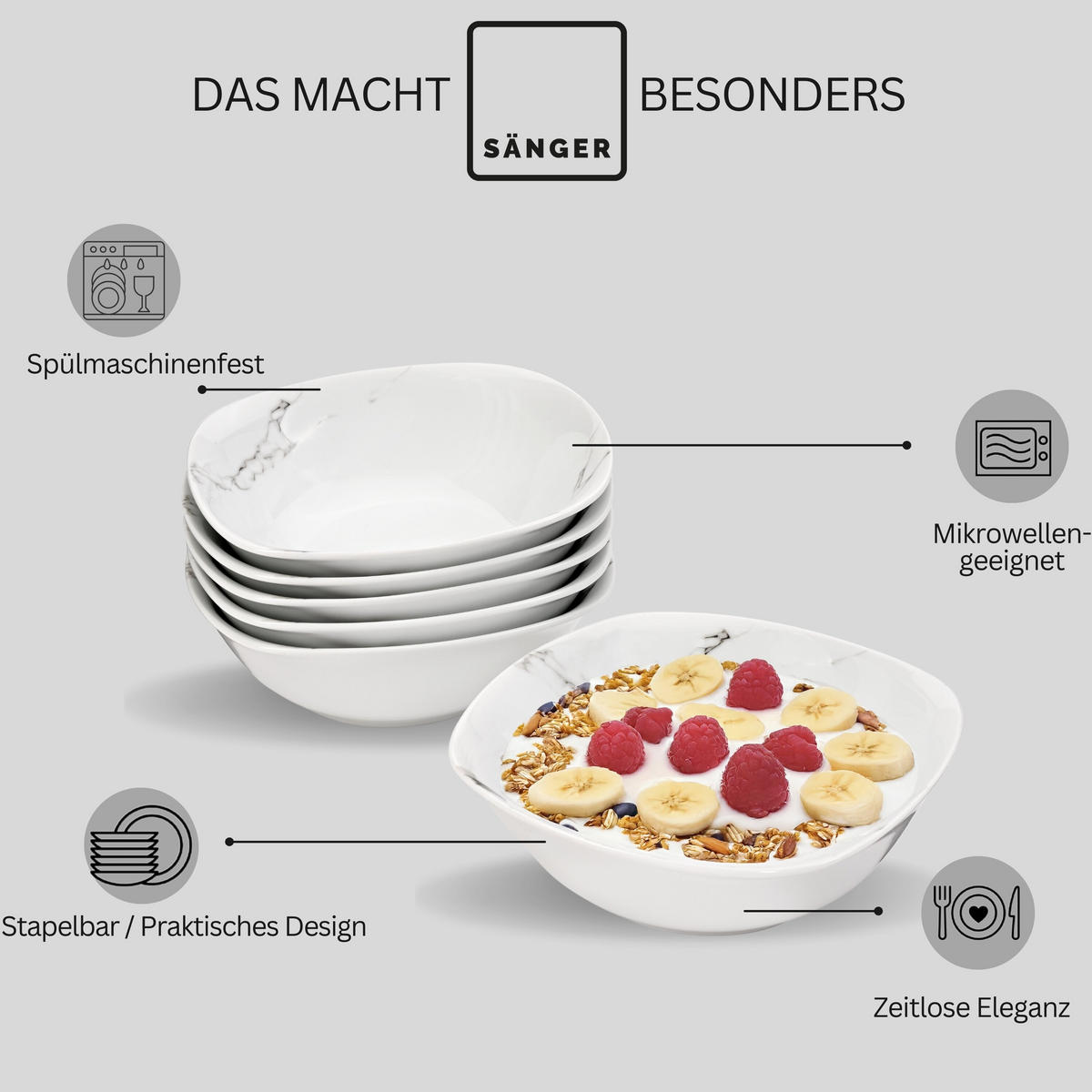 MÜSLISCHALEN BILGOLA MARMOR DESIGN - 6 teilig aus Porzellan - Weiß, Keramik (15cm) - Sänger