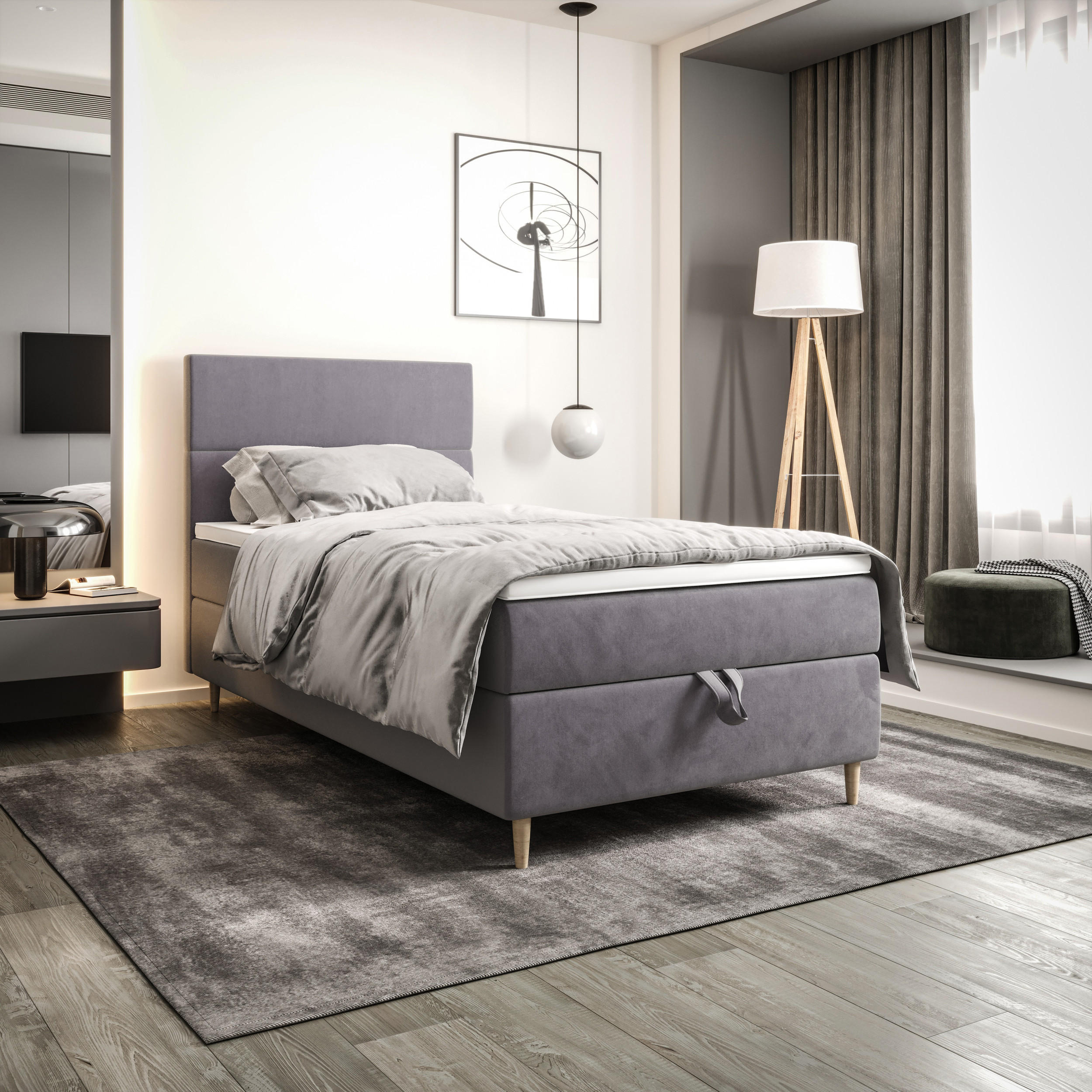BOXBETT FLO 120x200 Itaka 50, mit Matratze H3 und Topper, Hellgrau - Hellgrau, Holz/Textil (120/200cm) - Bedante