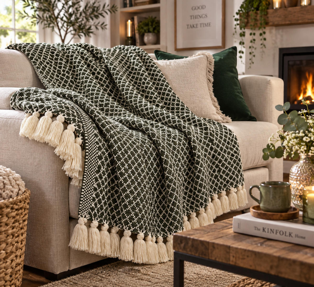 DECKE Netz 130x180 cm, 100% Baumwolle, Oliv - Olivgrün, Textil (130/180cm) - Au Maison