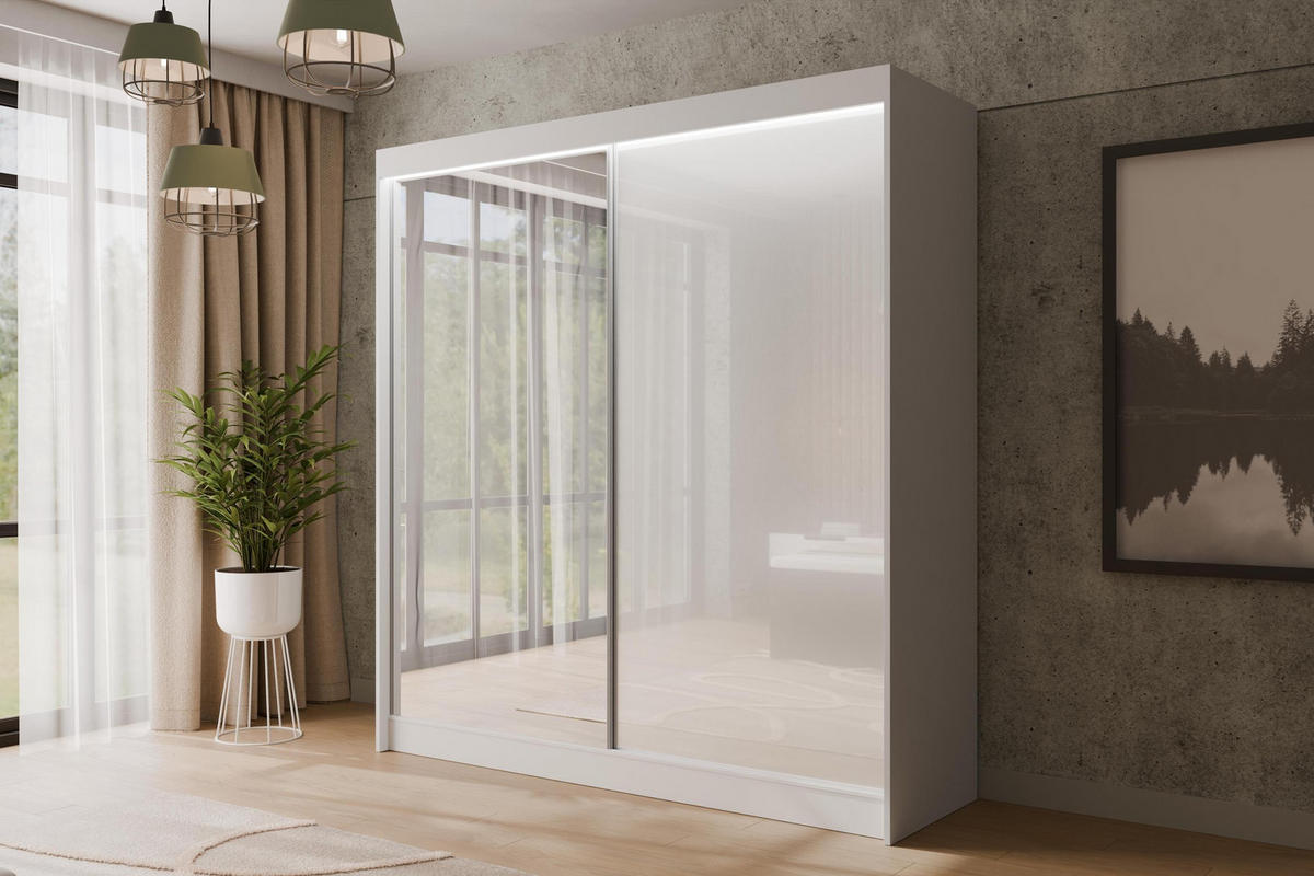 KLEIDERSCHRANK VESLI mit LED - 200 cm - Weiß - Weiß, Holzwerkstoff (200/215/61cm) - ALTDECOR