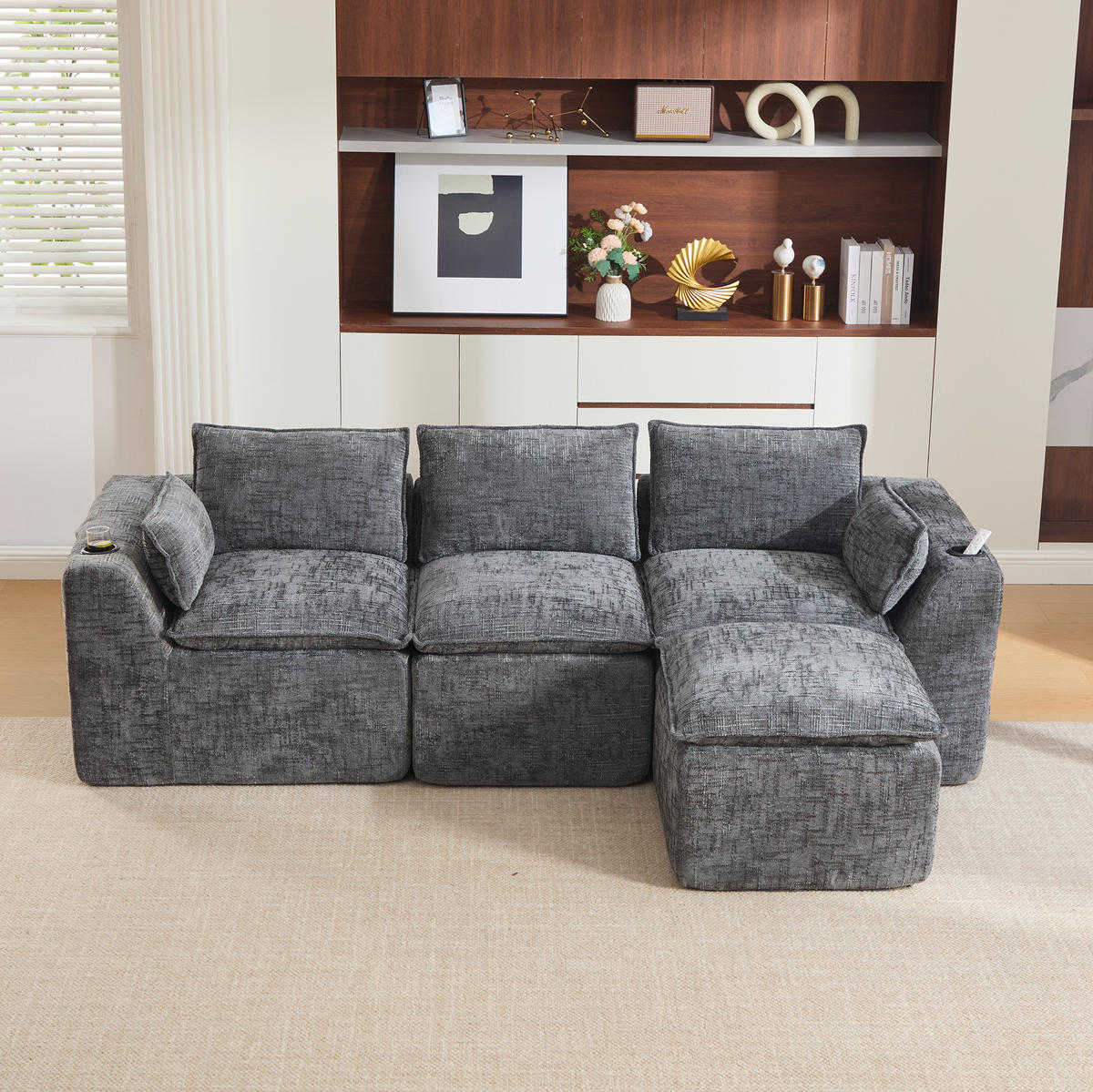 SOFA modulares 3-Sitzer mit Hocker 256 x 161 cm Chenille Dark Gray - Dunkelgrau, Holzwerkstoff (161/256cm) - Meubliv