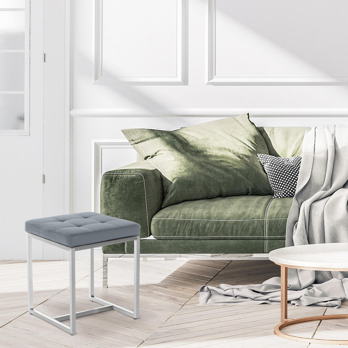 HOCKER Lederlook grau - Edelstahlfarben/Grau, Textil/Metall (40/48/40cm) - CLP