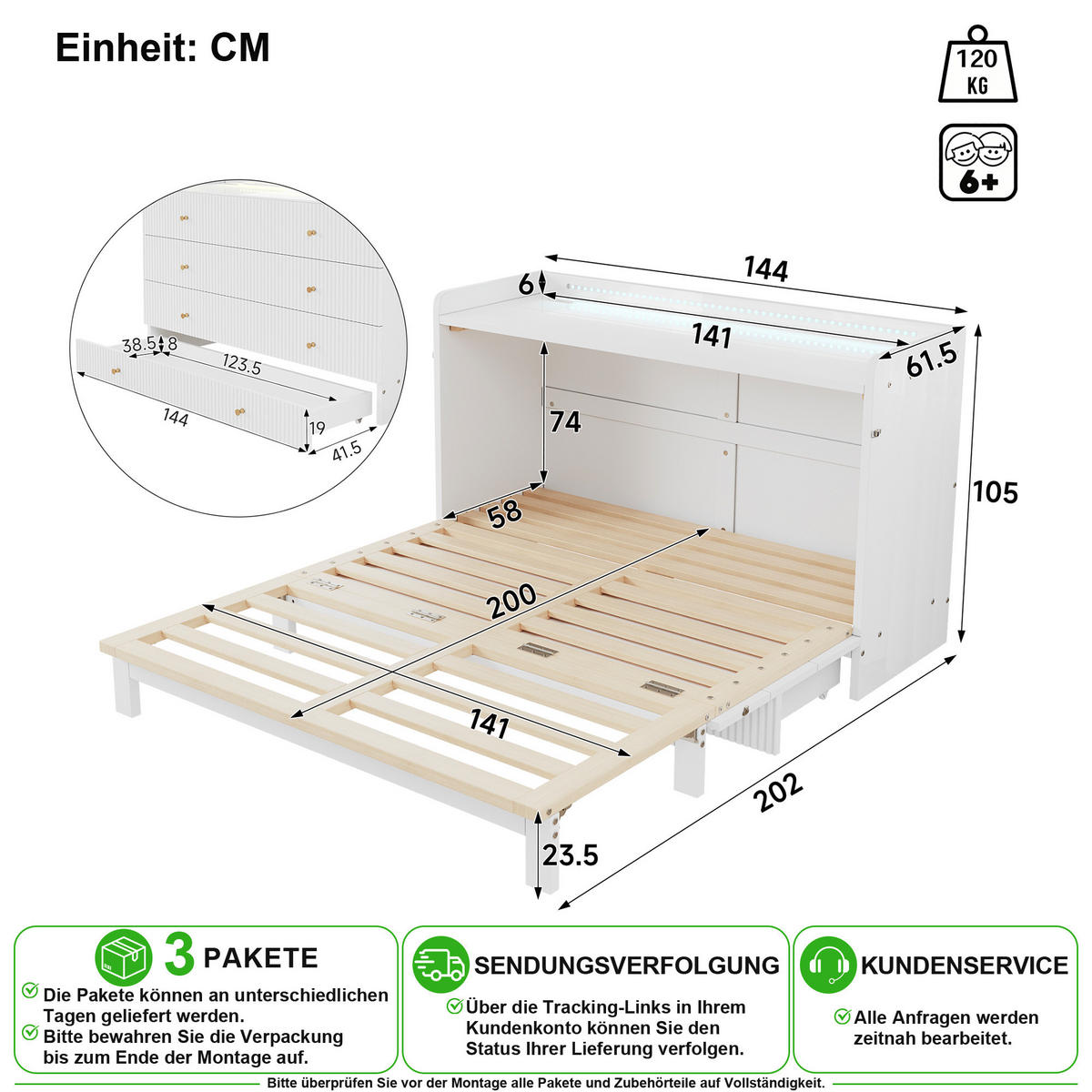 SCHRANKBETT 140/200 cm in Weiß mit Schubladen, USB und LED - Weiß, Holz/Holzwerkstoff (140/200cm) - CHICFURN