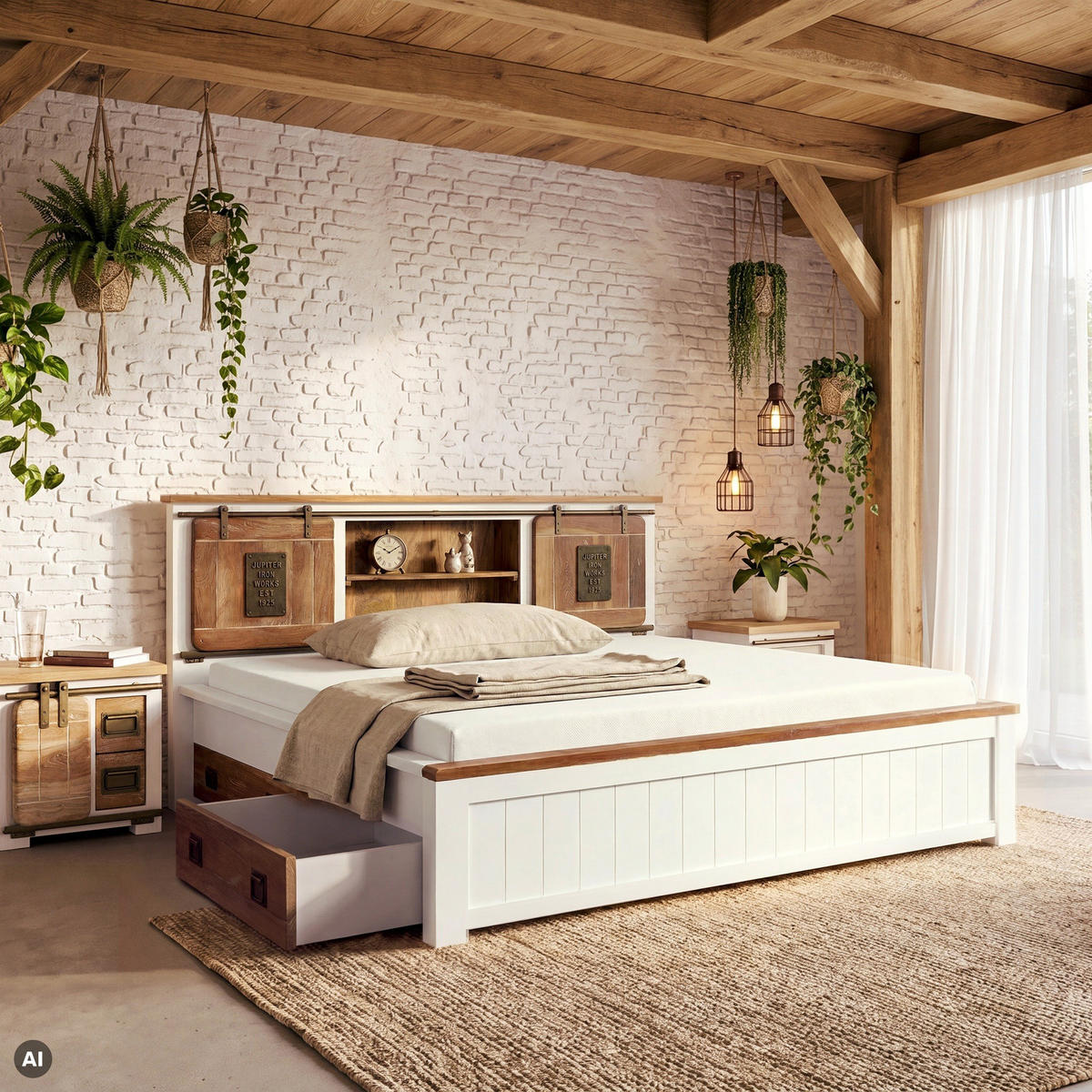 BETT mit Schublade Massivholz Mango 180 x 200 x 107 weiß RAILWAY #572 - Weiß, Holz (180/200cm) - Massivmoebel24