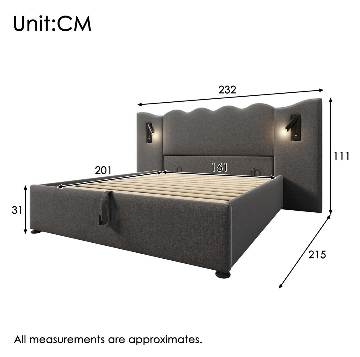 TAPECIRANI krevet od lana 160x200 cm sivi s madracem, lampom za čitanje, USB i Type-C priključcima te spremištem - siva, tekstil (160/200cm) - Modfu