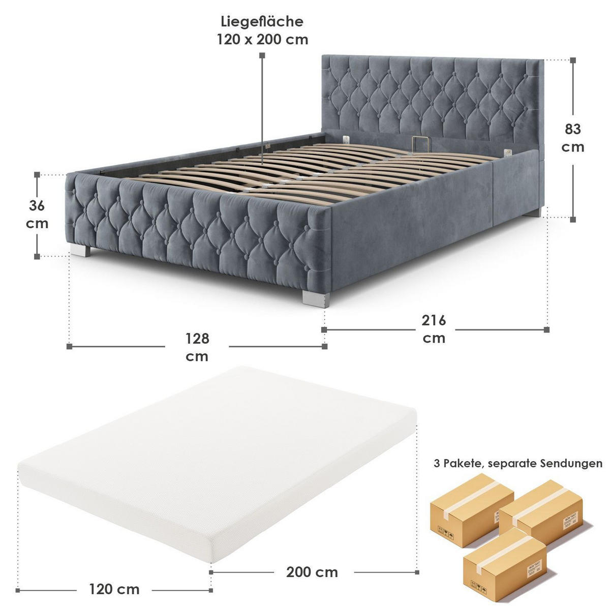POLSTERBETT Nizza Dunkelgrau 120x200 cm mit Matratze - Dunkelgrau, Holz (120/200cm) - Juskys