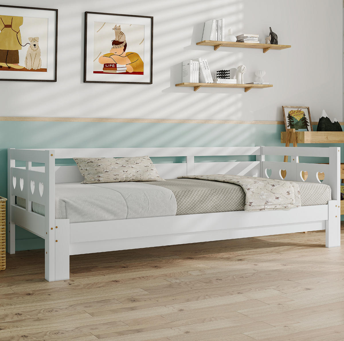 AUSZIEHBETT 90/190 cm mit Herz-Design, Massivholz Kiefer, Weiß - Weiß, Holzwerkstoff (90/190cm) - Redom
