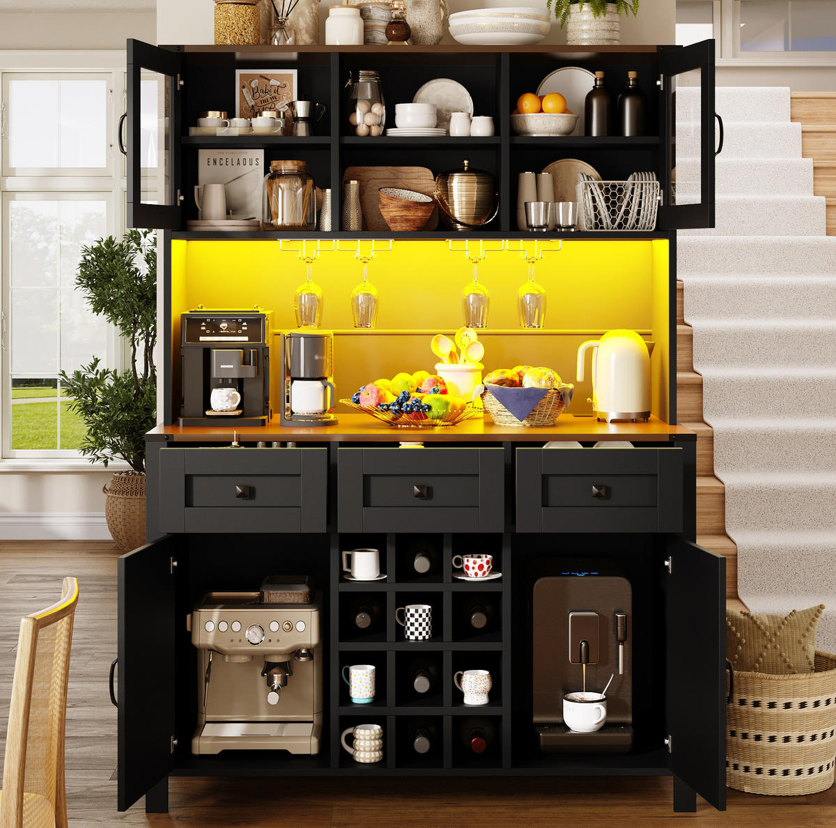 BUFFETSCHRANK 120/40/170 cm mit LED-Beleuchtung, Steckdosenleiste, USB und Weinregal aus MDF und Glas, Schwarz - Schwarz, Holzwerkstoff (120/170/40cm) - Redom