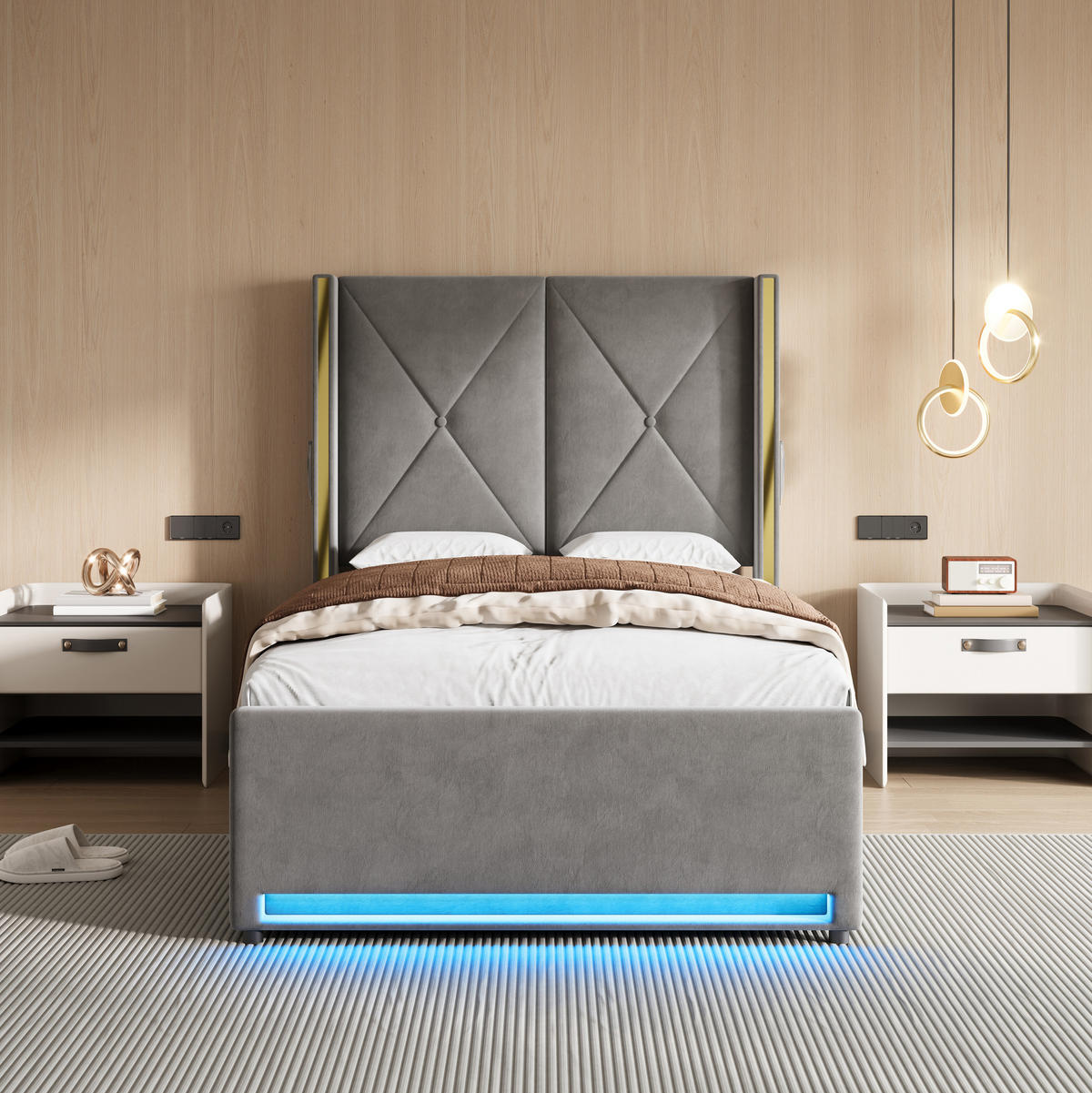 POLSTERBETT Einzelbett 90x200cm mit Stauraum, LED und USB-C, Hydraulisches Funktionsbett, Dunkelgrau - Dunkelgrau, Holz/Textil (90/200cm) - LVHOM
