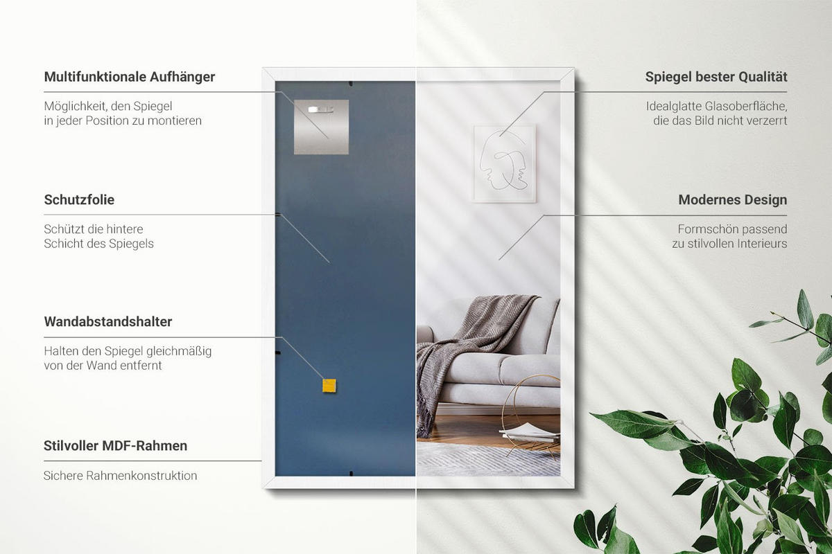 SPIEGEL 80x60cm Weißer Rahmen - Transparent, Glas (80/60/0.4cm) - Wallfluent