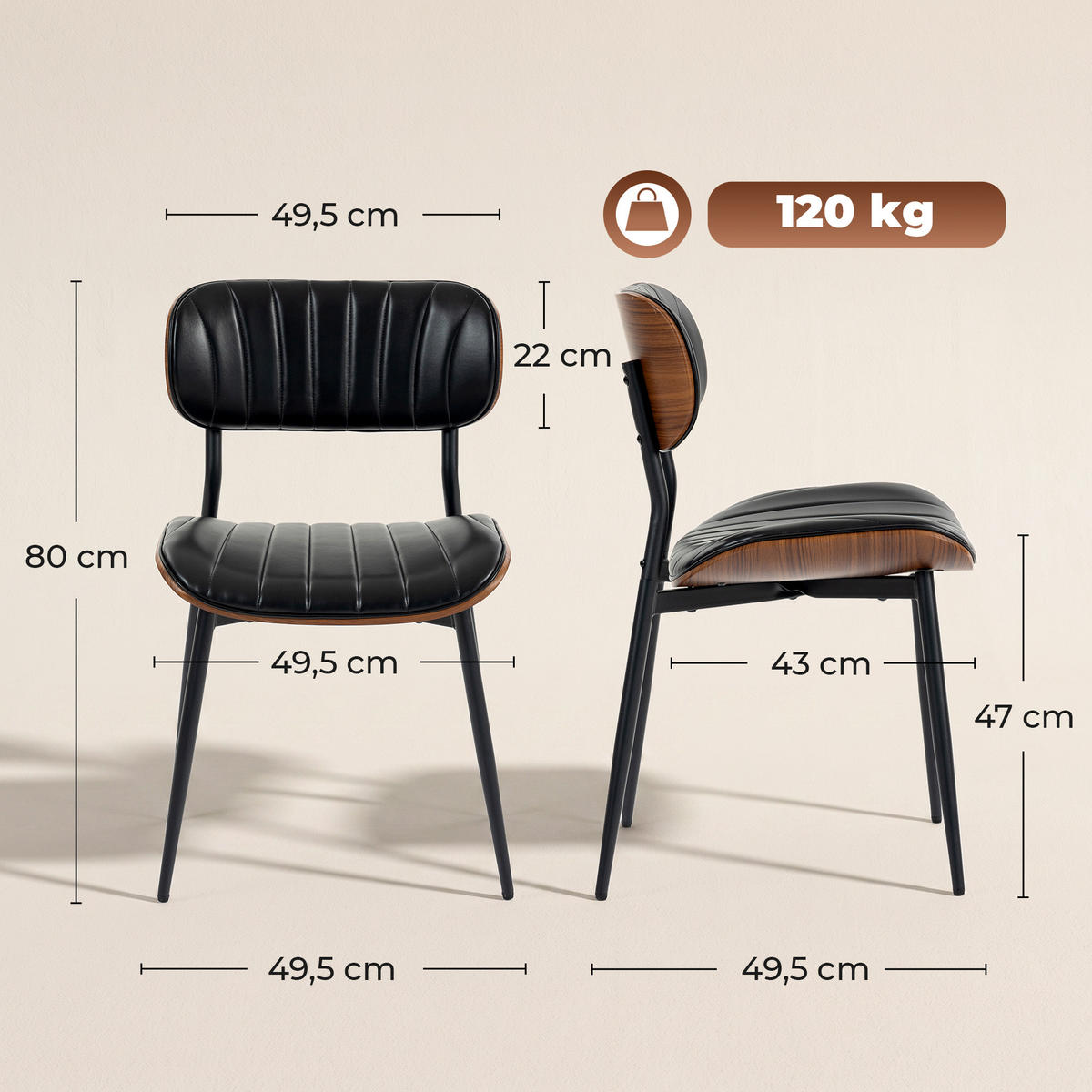 ESSZIMMERSTÜHLE 2er Set Kunstleder Formholz Schwarz - Schwarz, Leder/Holzwerkstoff (49.5/80/49.5cm) - HOMCOM