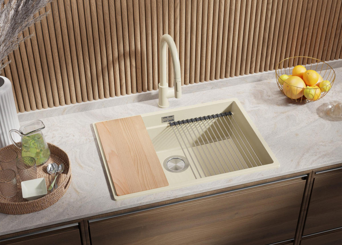 GRANITSPÜLE Praga Slim, 2-er set Beige 66/47 cm 1 Becken + Küchenarmatur 32/20 cm + Ablauf-Set + Aufrollbare Abtropffläche ab 70er Unterschrank - Chromfarben/Beige, Kunststoff (66/20/47cm) - Primagran