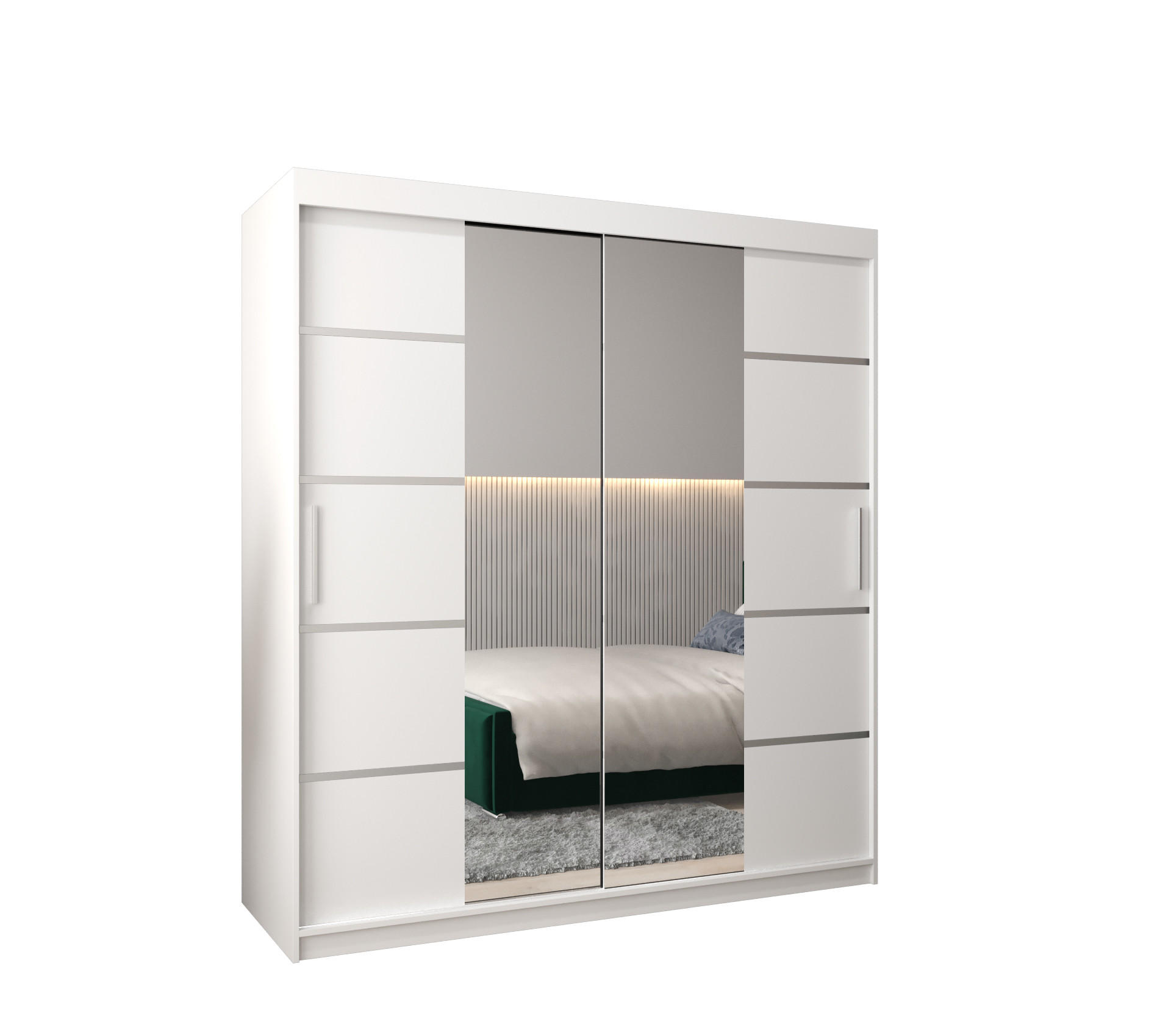 Möbel Kryspol Schwebetürenschrank Weiß, Silber 180x200x62 cm