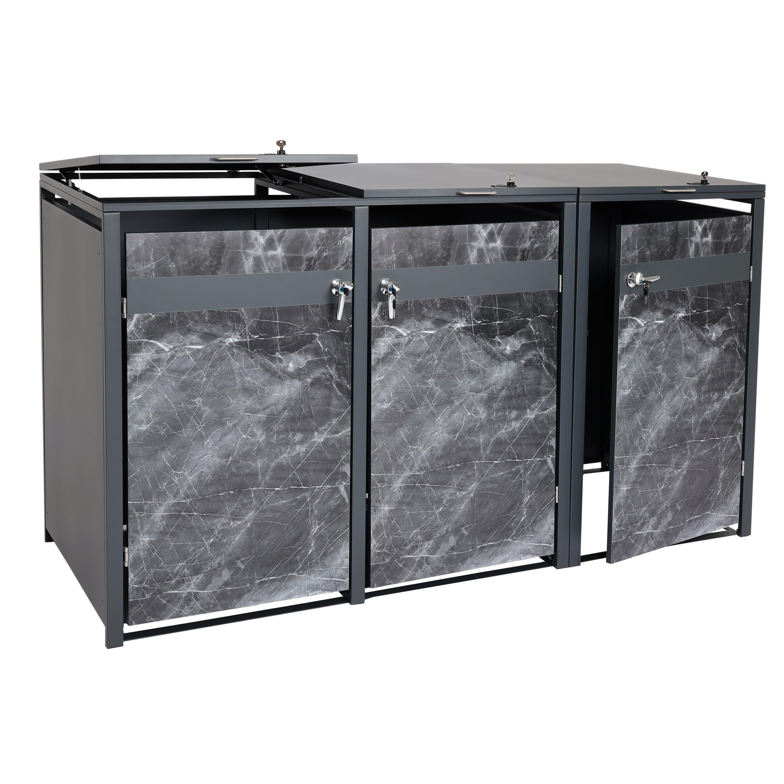 MÜLLTONNENBOX 3er 117x200x80cm Anthrazit Marmor-Optik dunkel - Creme, Metall (200/117/80cm) - PROREGAL