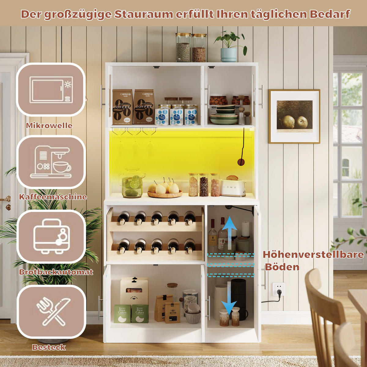 BUFFETSCHRANK 100/40/180 cm aus MDF mit RGB-LED, Steckdose, Weinregal und Riffelglastüren, Weiß - Weiß, Holzwerkstoff (100/180/40cm) - Redom