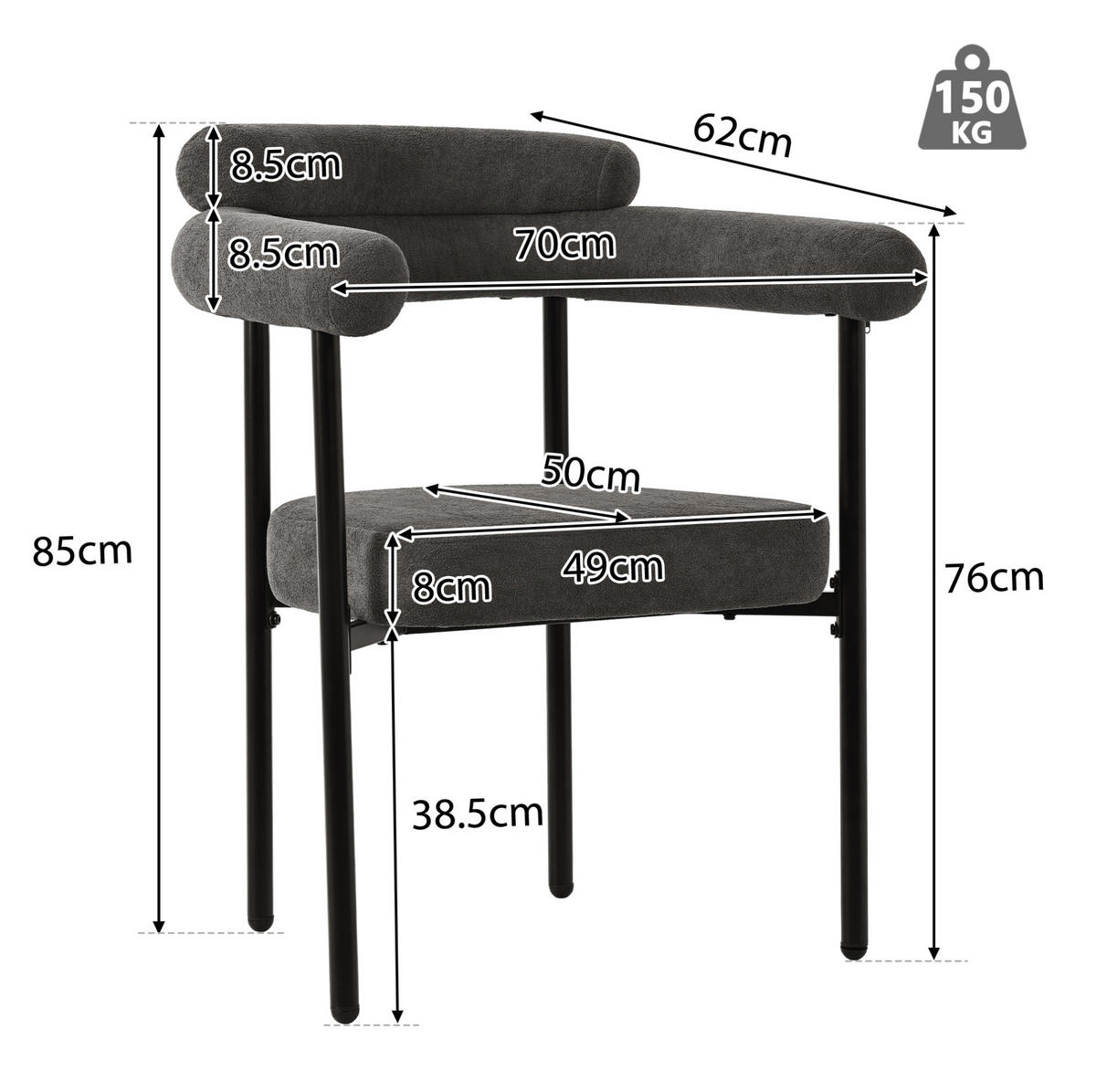 ESSZIMMERSTUHL mit ergonomischer Rückenlehne 70 x 62 x 84 cm Dunkelgrau 2er-Set - Dunkelgrau, Metall (62/84/70cm) - Meubliv