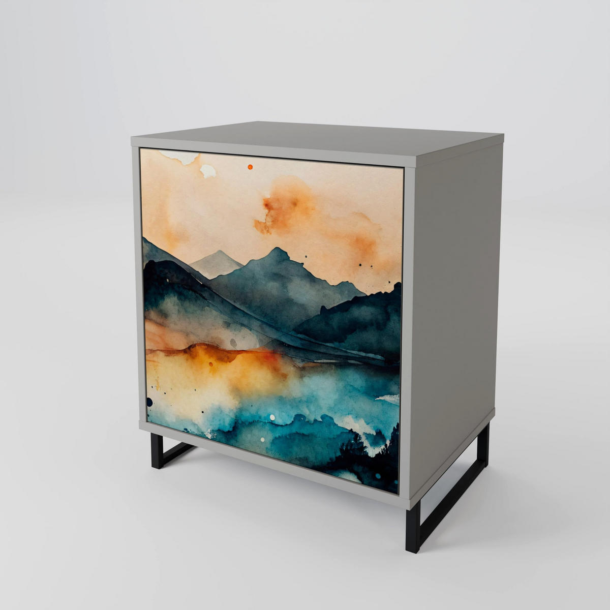 SIDEBOARD OMINOUS MOUNTAINS, Grau, 57,5x42x70,5 cm, Schwarze Metall-Sternfüße - Multicolor/Schwarz, Holzwerkstoff/Metall (57.5/70.5/42cm) - SpaceRebels