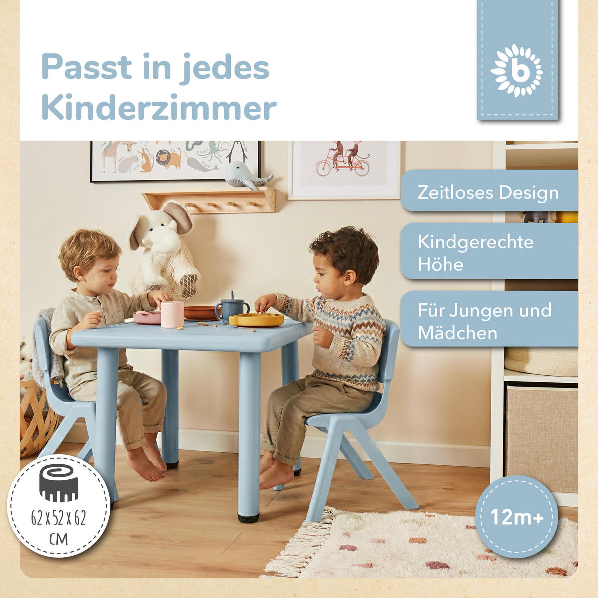 KINDERTISCH Groß Hazy Blue 62x 62x 52 cm Kinder-Tisch Gartentisch Kinder Kunststoff Gartenmöbel Kinder Outdo - Blau, Kunststoff (62/52/62cm) - Bieco Spielwaren