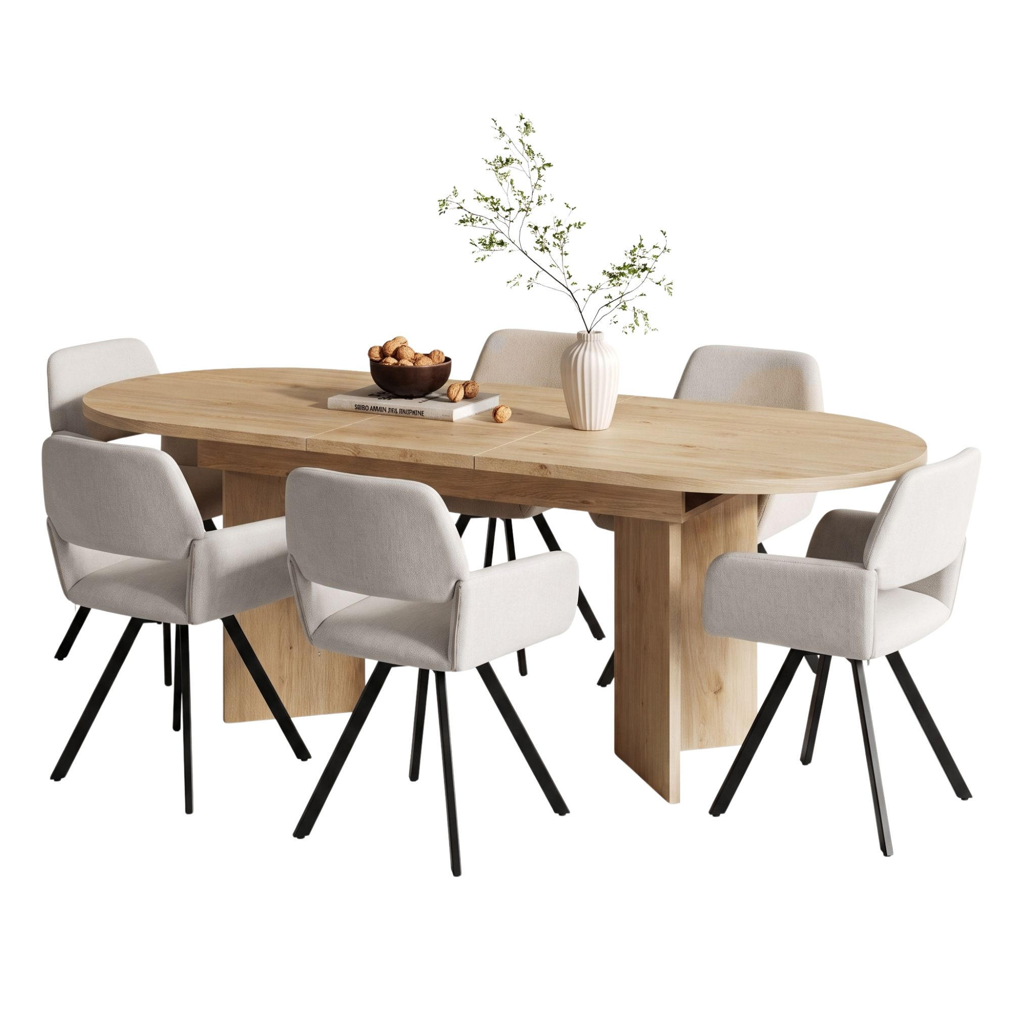 ESSGRUPPE 1+6 Ausziehbarer Tisch Eiche 120-160cm & 6 beige Drehstühle - Eichefarben, Holzwerkstoff (160/75.5/80cm) - Urban Meuble