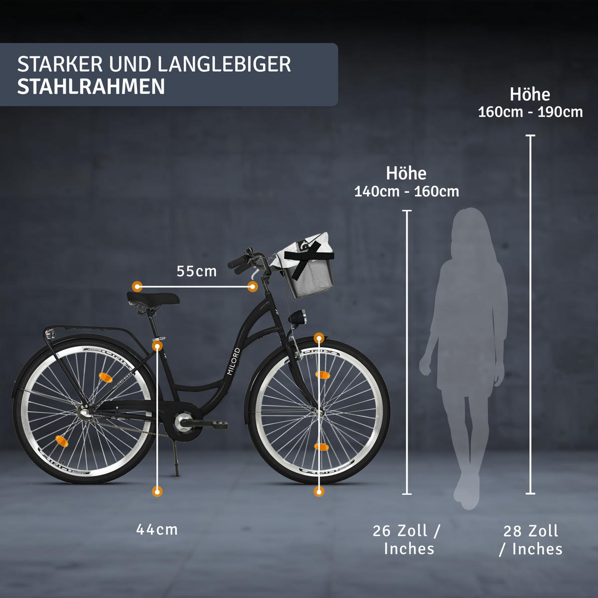 CITY-FAHRRAD Milord mit Metallkorb, 26 Zoll, Schwarz, 3-Gang - Schwarz, Metall (46cm) - Milordbikes