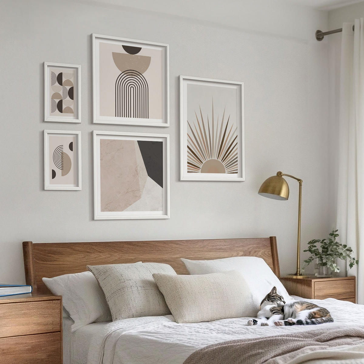BILDER SET 5er Set - 50x50 cm & 20x30 cm & 40x60 cm Weißer Rahmen - Abstrakte beige und braune Formen - Weiß, Kunststoff (40/60cm) - TULUP