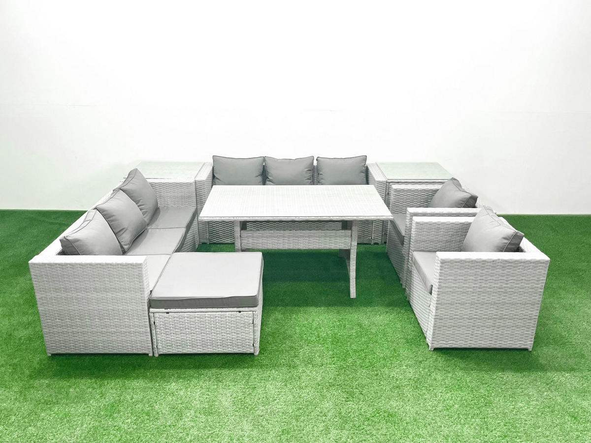 GARTENMÖBEL SET mit 3-Sitzer-Sofa und 2 Stühle, Esstisch,2 Beistelltischen,Großer Fußhocker Polyrattan Hellgrau 9-Sitzer - Hellgrau/Grau, Glas/Kunststoff - Fimous