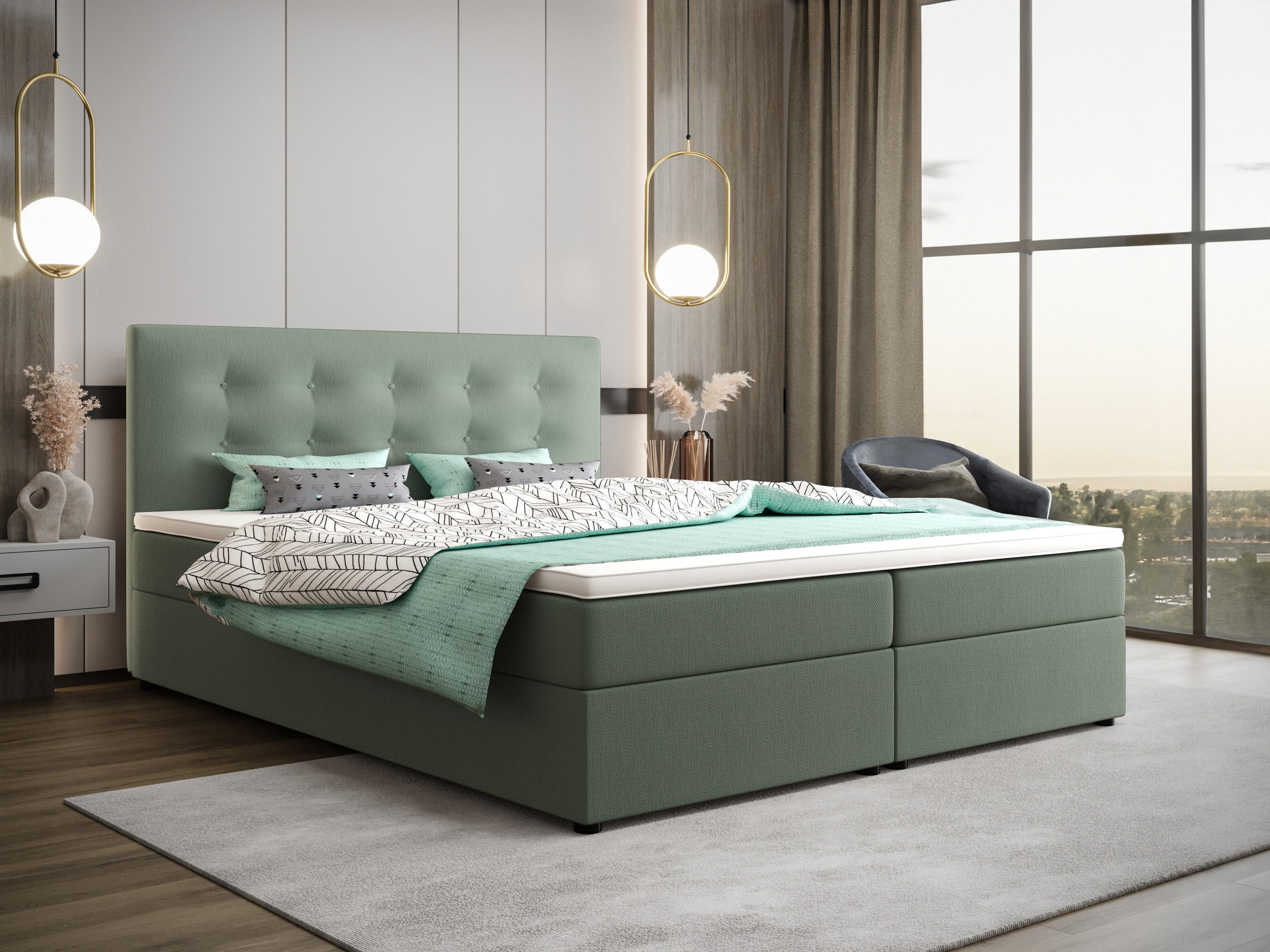 BOXBETT FADO 22 mit Matratze H3, Bonell und Topper 140x200 Cosmic 16 - Hellgrün, Holz/Textil (140/200cm) - Bedante