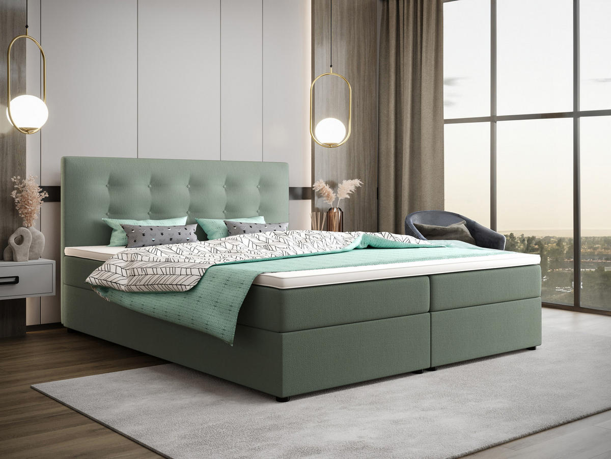 BOXBETT FADO 22 mit Matratze H3, Bonell und Topper 160x200 Cosmic 16 - Hellgrün, Holz/Textil (160/200cm) - Bedante