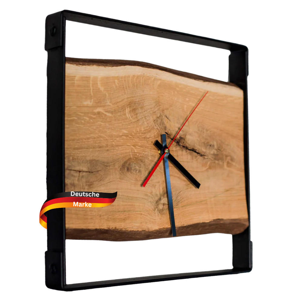 WANDUHR groß Holz EFFO HANDGEFERTIGT 37x37 cm Eiche Geräuschlos mit Nuten - Braun, Holz (37.2/37/4cm) - DELUKE
