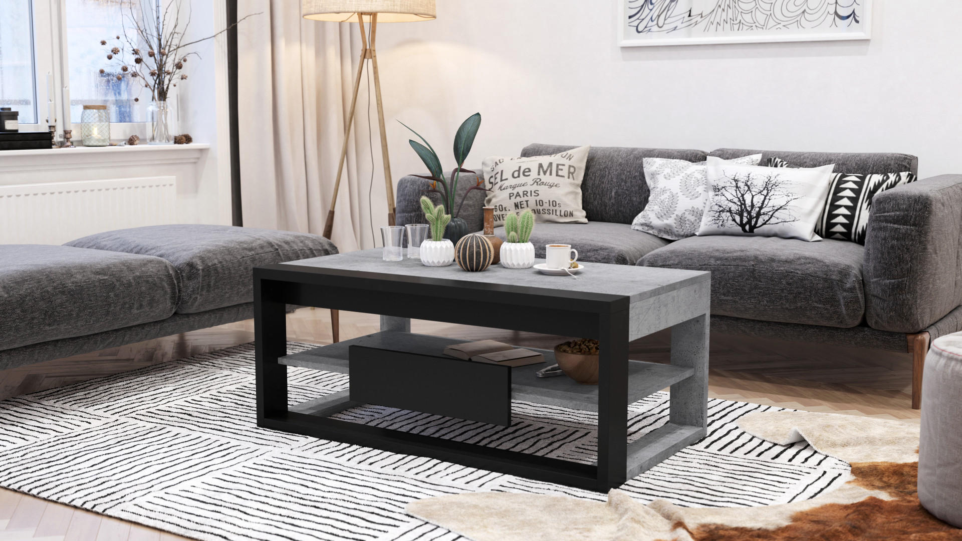 COUCHTISCH rechteckig Beton Schwarz aufklappbar - Hellgrau/Schwarz, Holzwerkstoff (60/110/45cm) - designimpex