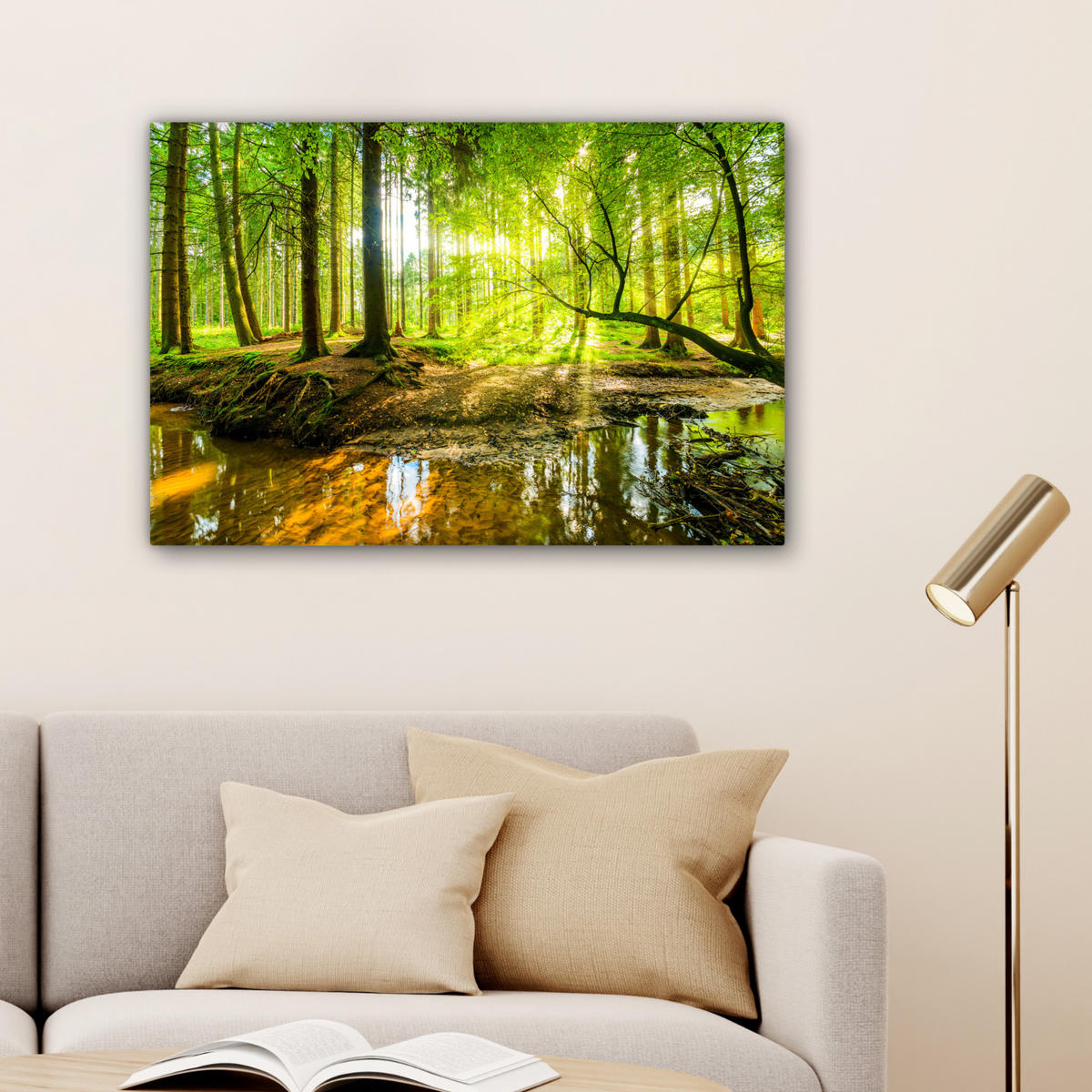 LEINWANDBILD Wald - Landschaft - Wasser - Bäume - Sonne - Grün - Natur Gemälde 60x40 cm - Grün, Textil (60/40cm) - MuchoWow