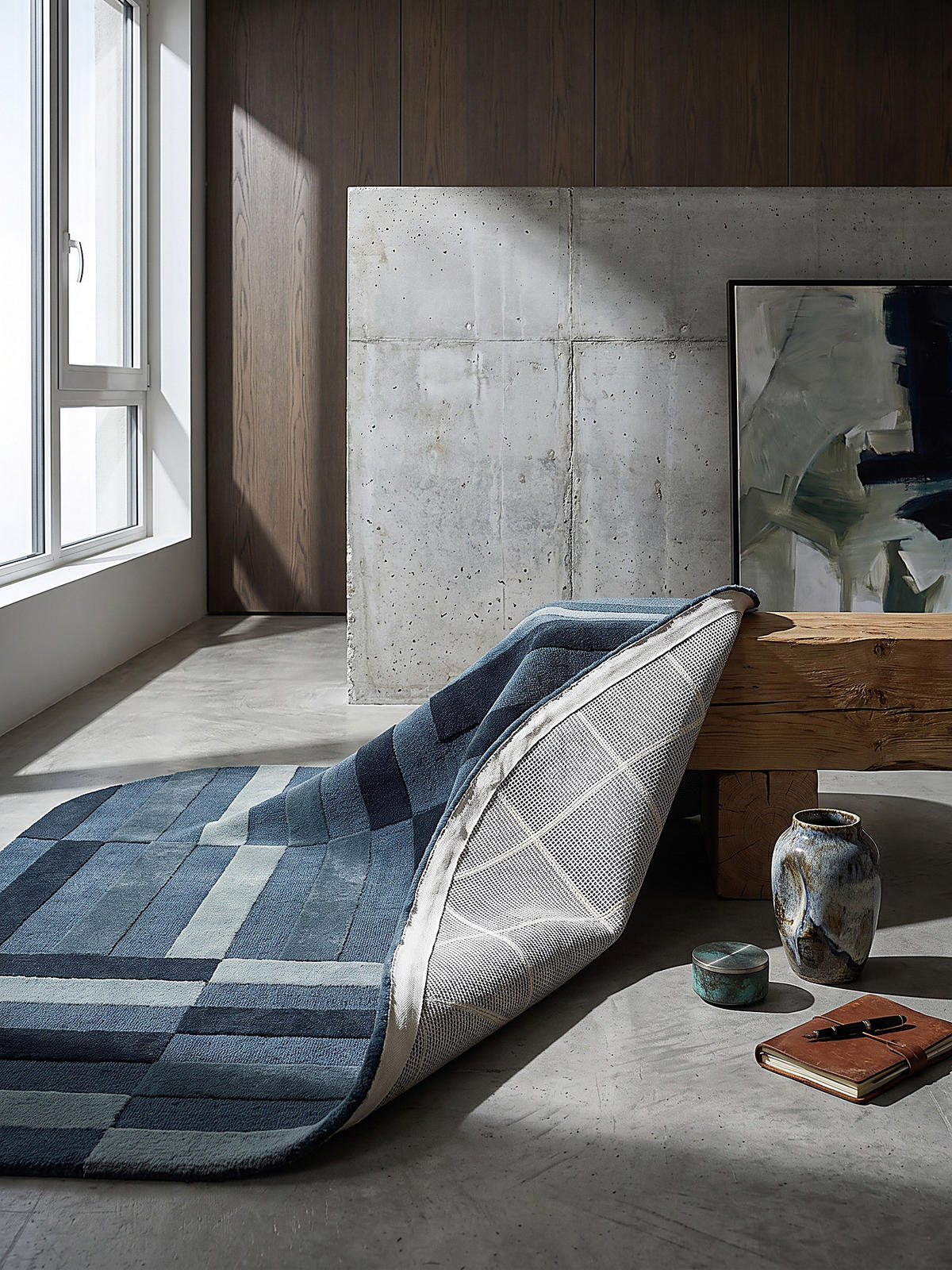 WOLLTEPPICH handgetuftet LUNAN, Blockstreifen, Blau, 140 x 200 cm - Blau, Textil (140/200cm) - KADIMA DESIGN