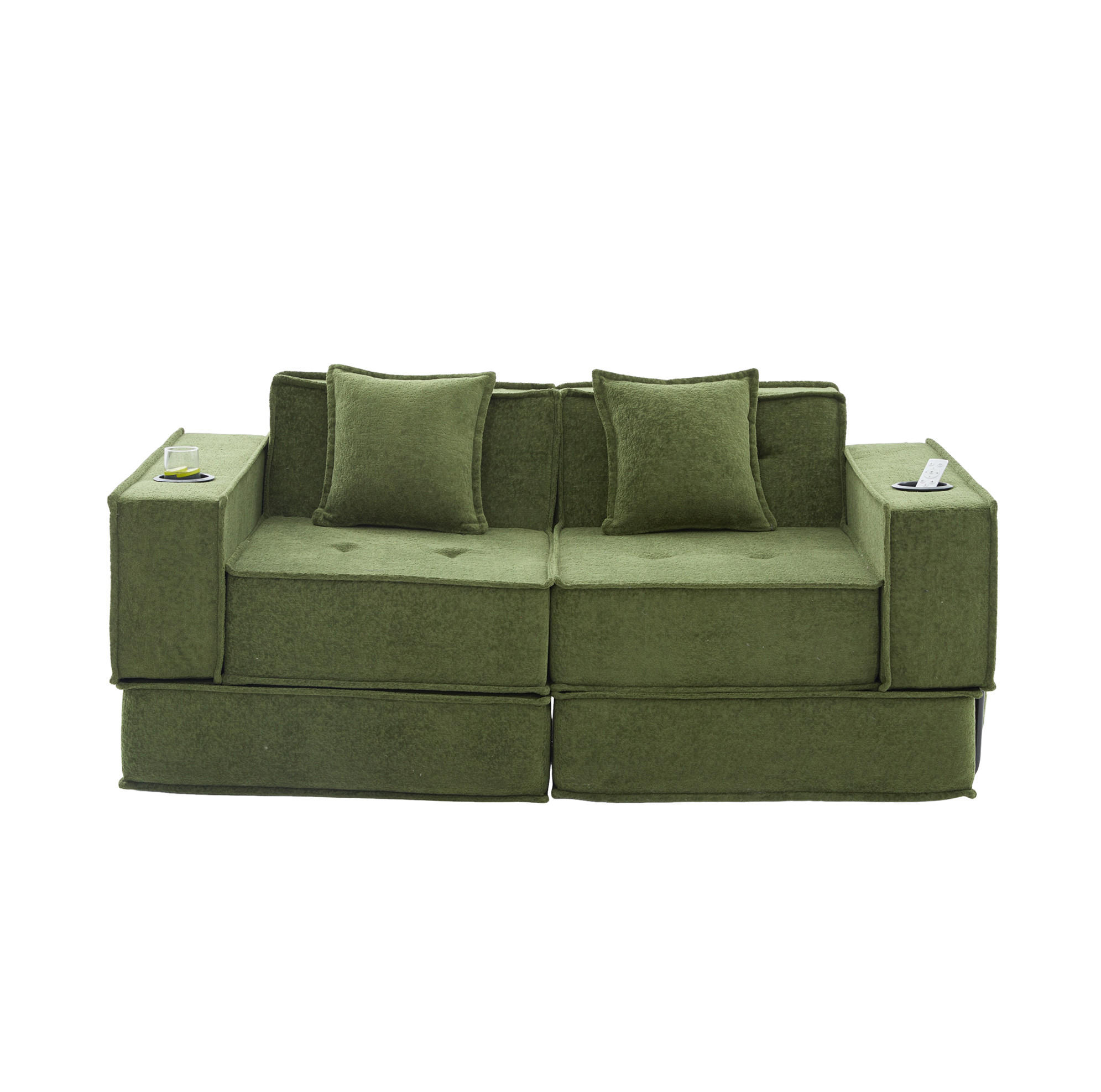 2-SITZER-SOFA aus Chenille 162x78x66 cm Grün mit 2 Kissen, Seitentaschen und modularem Design - Grün, Textil (162/66/78cm) - Modfu