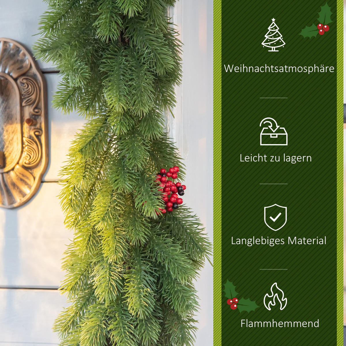 WEIHNACHTSGIRLANDE Blumendekoration mit Tannenzapfen Beeren Grün - Grün, Kunststoff (12/8/190cm) - HOMCOM
