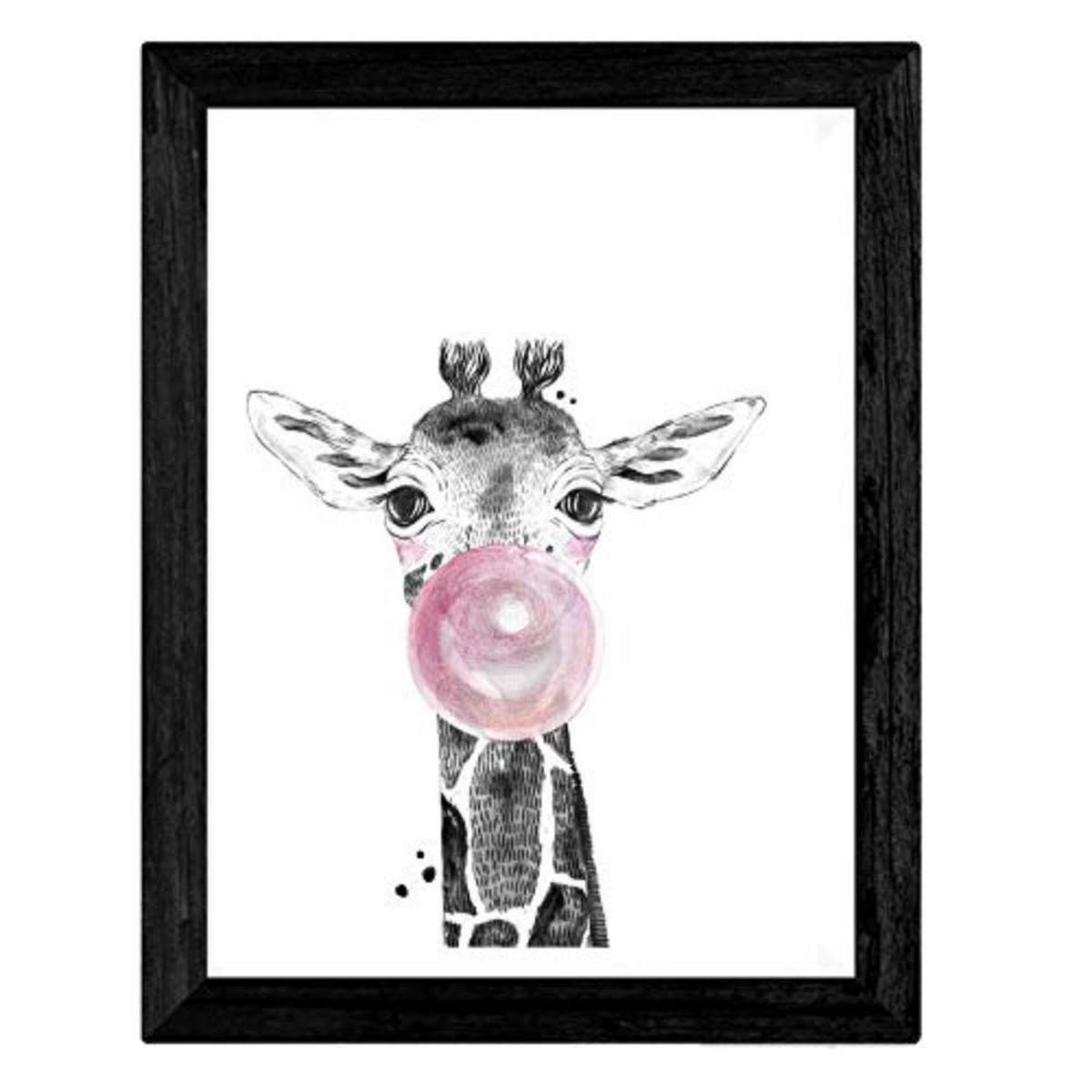 POSTER Set mit 4 Kinder Tiere mit rosa Kaugumm A3 Schwarzer Rahmen - Schwarz, Papier (29.7/3cm) - Nacnic