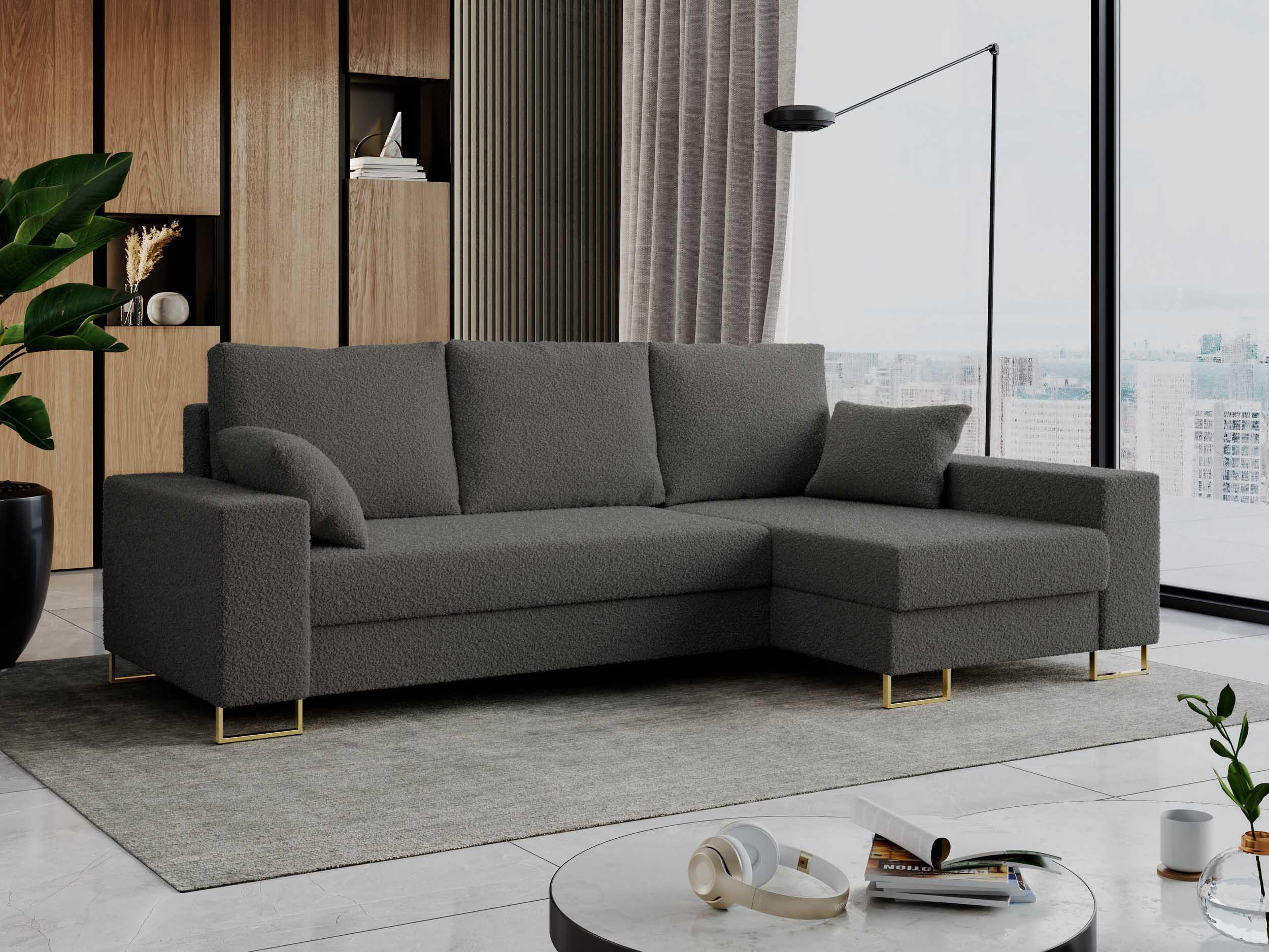 ECKSOFA Dorian Boucle Dunkelgrau - Dunkelgrau/Goldfarben, Textil/Metall (242/138cm) - MKS