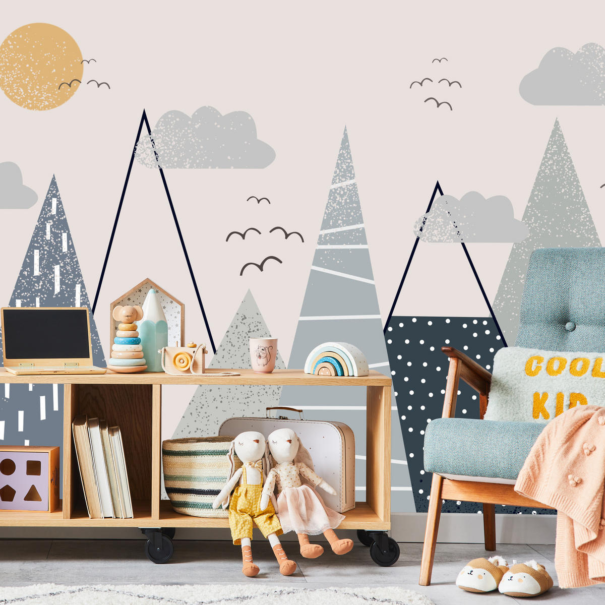 FOTOTAPETE für Kinder Berge im skandinavischen Stil 300x210 - Beige/Schwarz, Papier (300/210cm) - Muralo