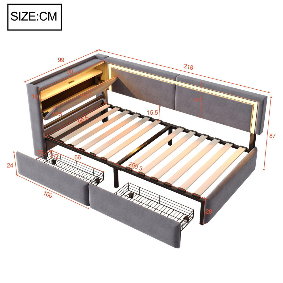 POLSTERBETT 90/200 cm dunkelgrau aus Samt mit LED und USB Kopfteil mit Stauraum - Dunkelgrau, Textil (90/200cm) - OKWISH