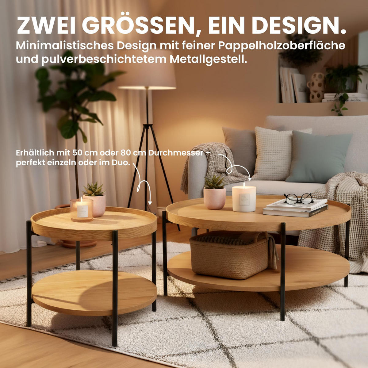 BEISTELLTISCH rund 80 cm Holz Natura - Eukalyptusholzfarben/Schwarz, Holz/Metall (80/80/40cm) - CLP
