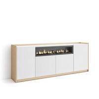 SIDEBOARD, Highboard, Weiß und Eiche Soft, Elektrokamin, 207/37/80cm - Weiß, Holzwerkstoff (207/80/37cm) - Skraut Home