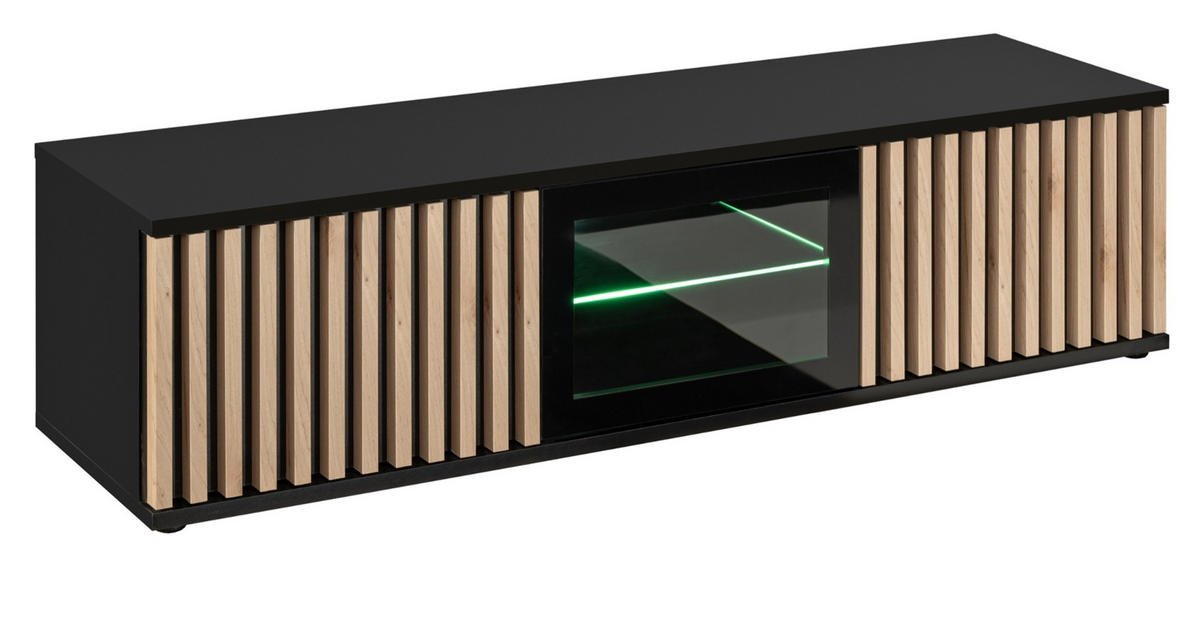 TV-LOWBOARD schwarz, Eiche Jackson 163 cm, TV Unterteil mit 3D-Lamellen inklusive Beleuchtung - Eichefarben/Schwarz, Glas/Holzwerkstoff (160/42/45cm) - Furn.Design