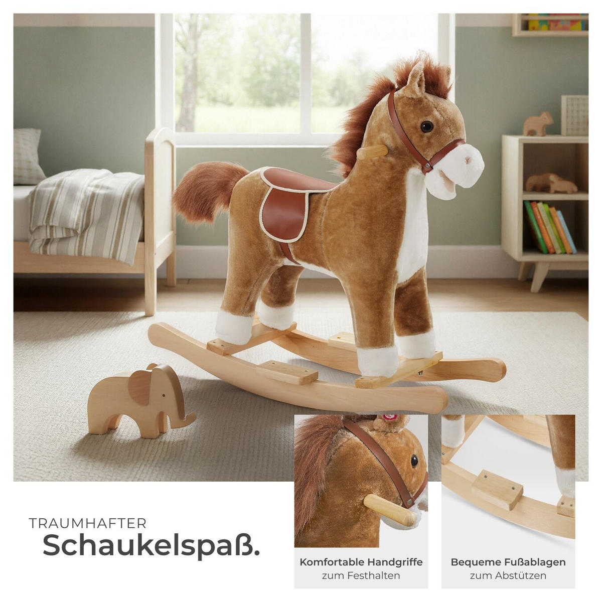 SCHAUKELPFERD , massive Holzkufen, ab 24 Monaten geeignet, braun - Braun, Textil (31/61/65cm) - tectake