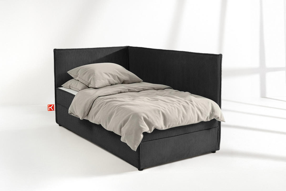 JUGENDBETT ROTI Einzelbett mit Bettkasten, 90x200cm, Bett mit Bonellmatratze, mit Rückenlehne - Dunkelgrau/Schwarz, Holz/Holzwerkstoff (92/200cm) - KONSIMO®