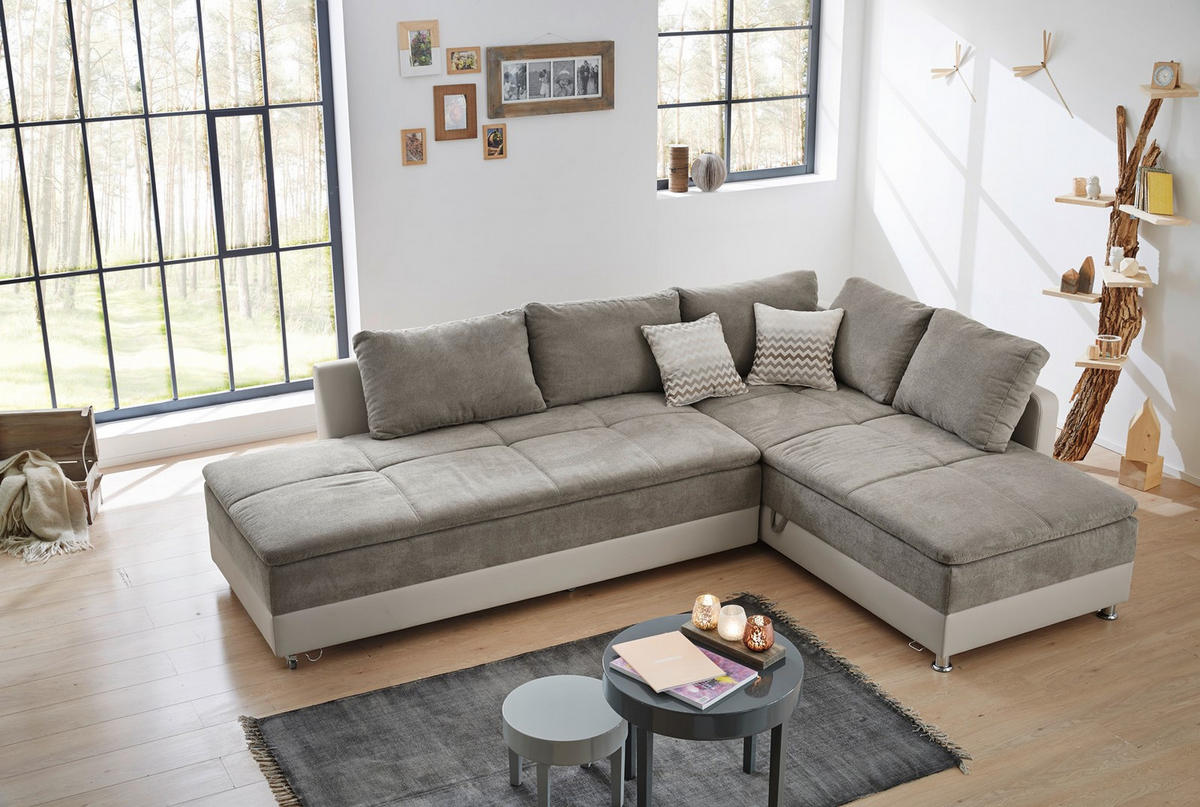 ECKSOFA-DAUERSCHLÄFER Doppelbett Boxspring Federkern Topper, Schwenkteil links B306/T223/H95 cm, Kunstleder Beige+Mikrofaser Grau Braun / 15101 - Chromfarben/Graubraun, Textil/Metall (306/223cm) - luma-home