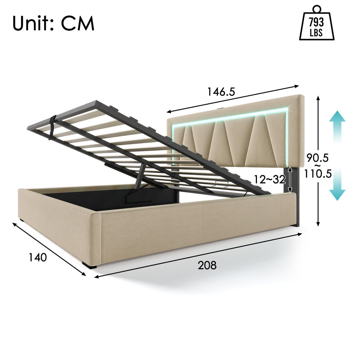 ČALÚNENÁ posteľ z ľanového materiálu 140x200 cm béžová s LED osvetlením, USB a úložným priestorom - béžová, textil (140/200cm) - Modfu