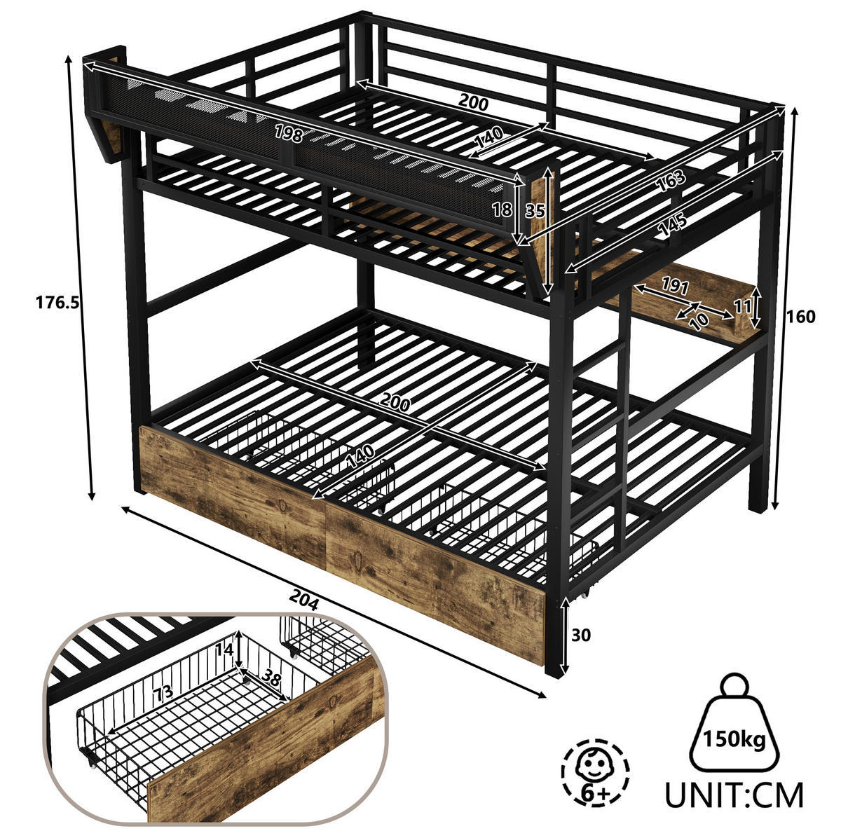 ETAGENBETT 140/200 cm aus MDF und Metall mit LED-Licht, Schwarz - Schwarz, Metall (140/200cm) - OKMYHOME