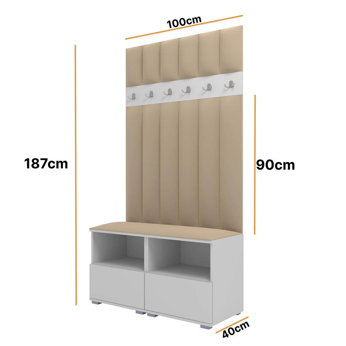 GEPOLSTERT Garderoben-Set Nela III LUX (Farbe Weiß + Stoff Trinity 04) - Beige/Silberfarben, Holz/Holzwerkstoff (100/187/40cm) - Ravio