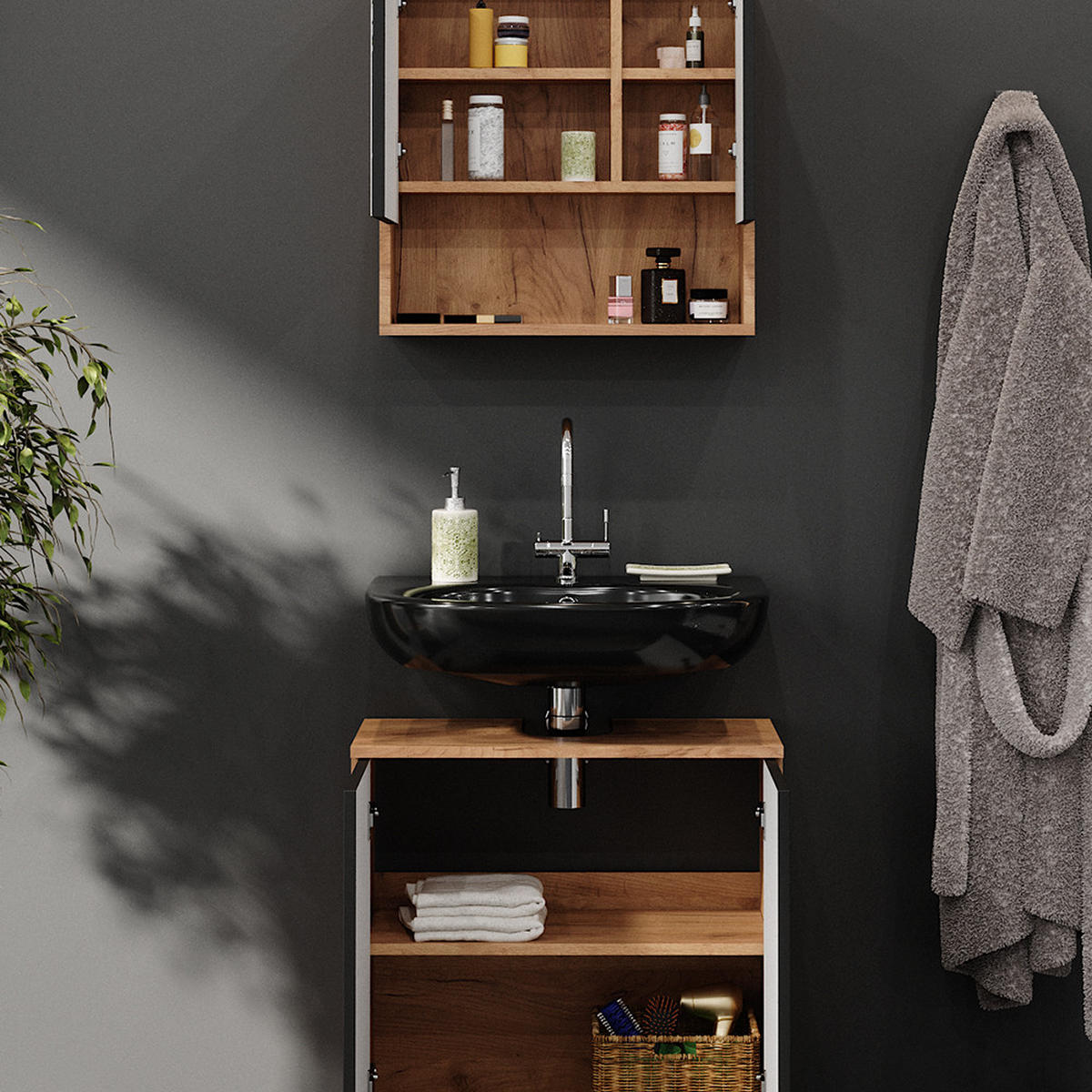 SADA NÁBYTKU DO KOUPELNY Irma Tečkovaná antracitová - antracitová, kompozitní dřevo (80/58.6/41cm) - Vicco